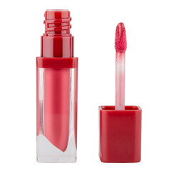 Lip gloss in a transparent package with a brush on an isolated white background