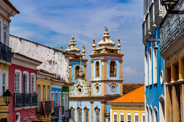 Obraz premium Historic colorful buildings and baroque churches in the famous Pelourinho neighborhood in Salvador, Bahia