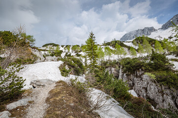 Fototapeta na wymiar Beautiful winter snow mountain landscape. Sella Nevea, Julian Alps, Friuli-Venezia Giulia, Italy
