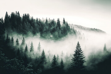 forest with foggy trees, elevated view. generative ai