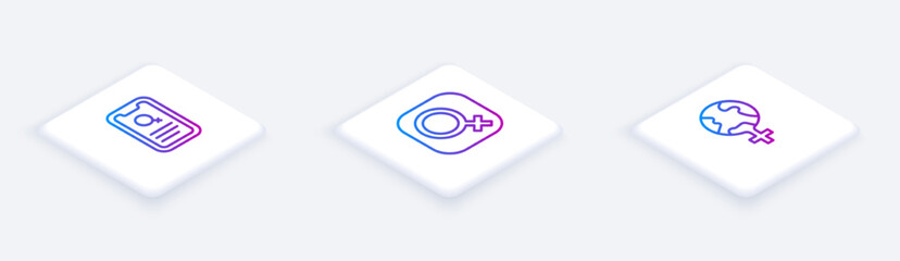 Set Isometric line Dating app, Female gender and Feminism the world. White square button. Vector