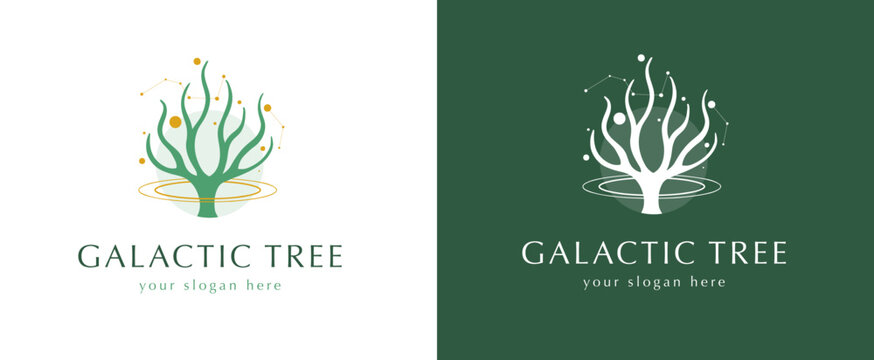 Dise&ntilde;o de logotipo &aacute;rbol de estilo moderno con estrellas y planetas constelaciones estilo gal&aacute;ctico ciencia ficci&oacute;n con ramas que tocan el cielo