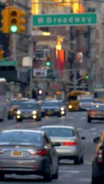 Manhattan, NYC, city traffic, cars and bicycles, vertical shot