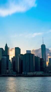 Majestic New York City cityscape, Manhattan shot from Brooklyn, timelapse, from dusk till night, panorama, vertical short video wallpaper