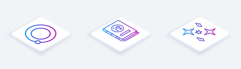 Set Isometric line Satellites orbiting the planet Earth, Book by astronomy and Planet. White square button. Vector