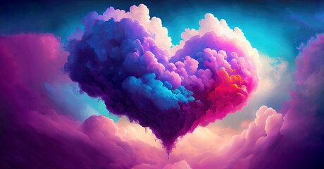 Colorful clouds in sky forming love heart shape for Valentine's Day (Generative AI)