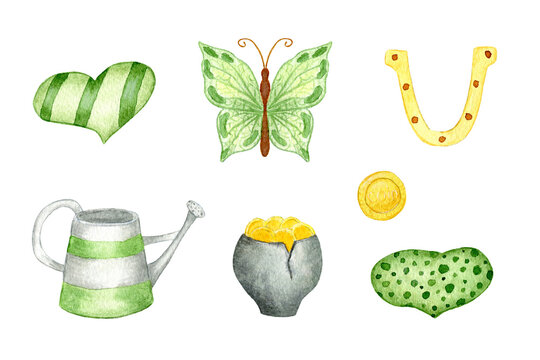 Watercolor Elements For St. Patrick's Day. Illustration isolated on a white background. Horseshoe, butterfly, Cauldron of Coins and Hearts.