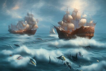 ship in the sea - Generative AI - obrazy, fototapety, plakaty