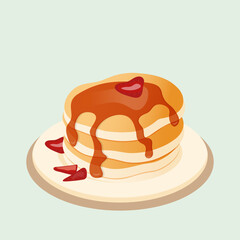 Pancakes with syrup and fresh strawberries. Cartoon vector illustration.