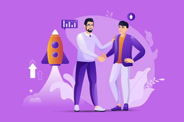 Business startup concept with people scene. Men shake hands and make deal, launch new project together, invest money for profit. Characters situation in flat design for web.