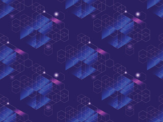 Modern digital blockchain seamless pattern on illuminated deep blue background