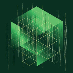 Modern digital blockchain design with binary code on illuminated deep green background