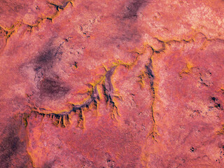 Aerial infrared scenery of rocky Mars surface landscape.