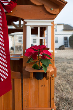 Backyard playhouse with bow and pointsetta