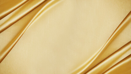 Yellow silk satin. Draped fabric. Golden color. Luxury background. Space for design. Template. Flat...