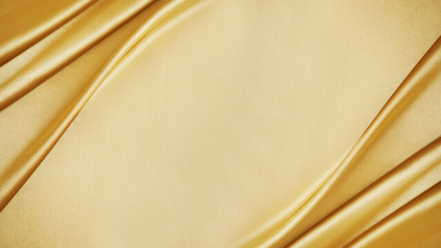 Yellow silk satin. Draped fabric. Golden color. Luxury background. Space for design. Template. Flat lay, top view table. Web banner.  Christmas, wedding, bridal, valentine, romance, award. 