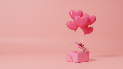 Balloon heart group open giftbox floating love valentine concept, Romantic banner, surprise poster, flyer and brochure,wedding. Minimal pink background for Mother's day and Valentine's day. 3d render