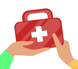 Hands of doctor and patient holding aid box vector illustration. Cartoon drawing of human hands with red case with medication on white background. Health, healthcare, medicine, treatment concept