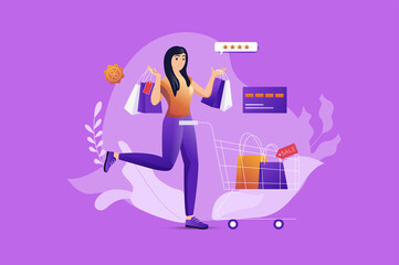 Shopping concept with people scene. Woman shopper holding bags with new purchases and doing shopping at seasonal sales of stores. Characters situation in flat design for web.