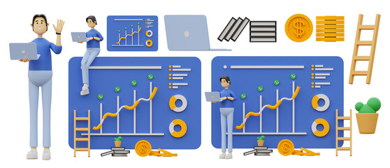 Fototapeta na wymiar A Set Of Illustrations On The Topic Of Analysts Working. People Work With Data And Statistics 3d
