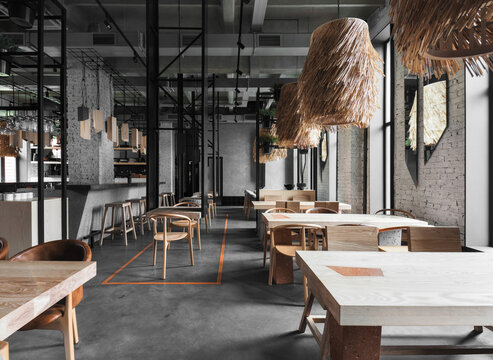 Gray chairs and wooden tables