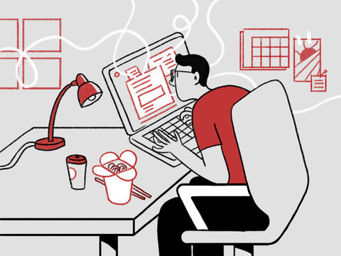 Busy man freelancer using laptop