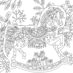 Free vector detail line art doodle pony coloring book with leaf and flower motif