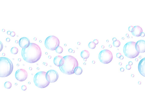 Watercolor seamless border with cute colorful bubbles, water air bubbles multicolor