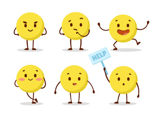 Emoticons with round yellow character vector illustrations set. Drawings of comic circle in different poses, happy, surprised, asking for help on white background. Emotions, communication concept