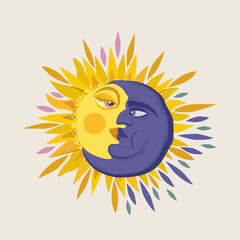 Vector illustration of sun and crescent moon with faces close to each other. Isolated on light background.