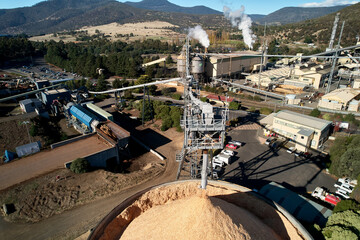 Paper mill woodchips to pulp for paper & newsprint industry, aerial