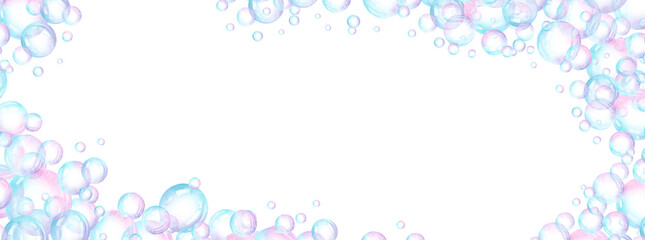 A frame decorated with two rainbow-colored soap bubbles. Watercolor illustration banner