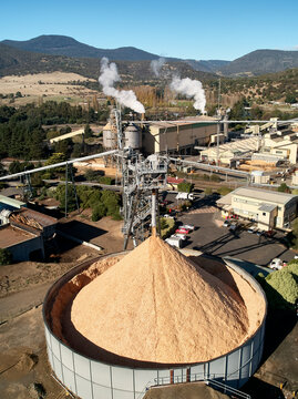 Paper mill woodchips to pulp for paper & newsprint industry, aerial