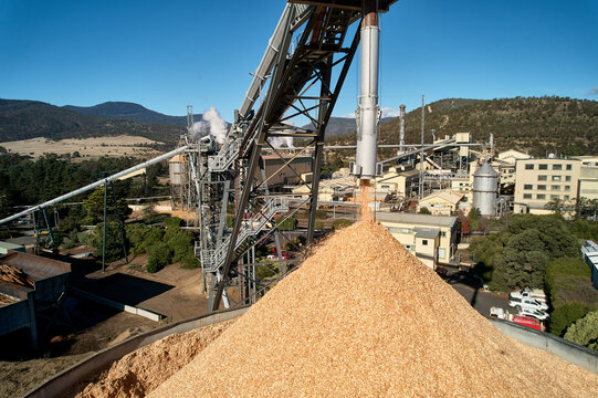 Paper mill woodchips to pulp for paper & newsprint industry, aerial