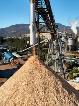 Paper mill woodchips to pulp for paper & newsprint industry, aerial