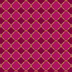Naklejka premium Arabesques background of geometric islamic trellis pattern in red with gold outline. Moroccan pink quatrefoil arabesques pattern 
