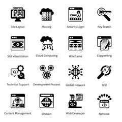 Site Layout, Hosting, Security Login, Key Search, Technical Support, Development Process, Global Network, SEO, Web Developer, Network, Site Visualization,  Glyph Icons - Solid, Vectors