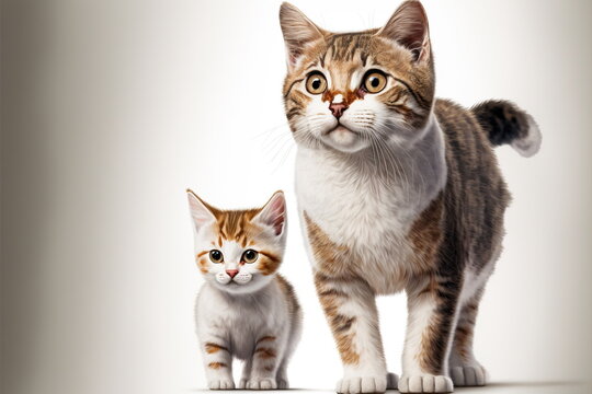 cat with baby cat on white background, full body with free space, Made by AI,Artificial intelligence