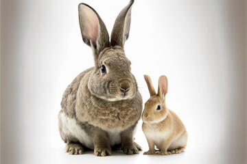 Obraz premium rabbit with baby rabbit on white background, full body with free space, Made by AI,Artificial intelligence