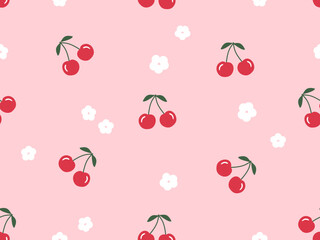 Seamless pattern of cherry fruit with white flower on pink background vector.