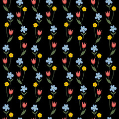 Seamless flower pattern,  Flat design floral background, Wildflowers repeat print, Colored garden illustration wallpaper, Spring flower design,  Blooming meadow ornament