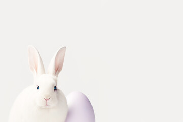 Obraz premium Cute snow white easter bunny on a white studio background. Ultra Realistic Digital Illustration. With space for text and designs.
