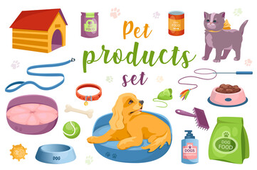 Pet products set with isolated elements in flat cartoon design. Bundle of dog, dry and canned food, cat, toy, mouse, bowl, comb, shampoo, bed, ball, bone, leash, collar and other.