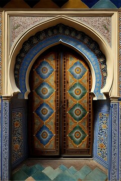 symmetrical Moroccan tiles and doors , ai generated