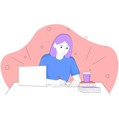 Young woman is studying at the computer. Online student learning concept for banner, website design or landing web page