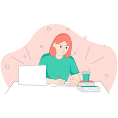 Young woman with red hair is studying at the computer. Online student learning concept for banner, website design or landing web page