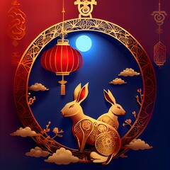 Gold rabbits with decoration elements on red background for Chinese new year 2023.generative Ai