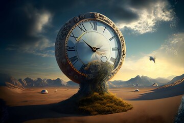 landscape of clock in desert,Ai generated - obrazy, fototapety, plakaty