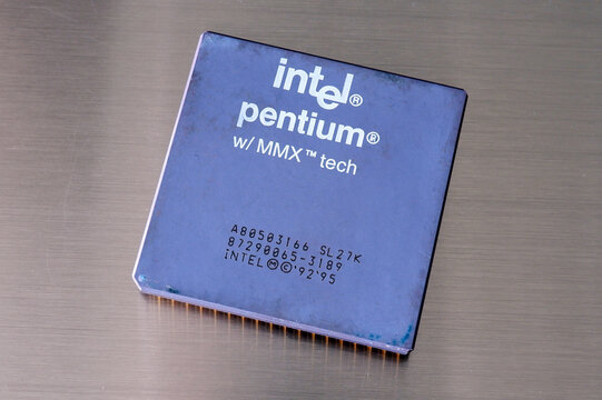 Ryazan, Russia 6-15-2021: Old Intel processor on a gray background
