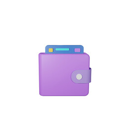 3D purple wallet with  ATM (Automated Teller Machine) card money financial. 3d business finance. 3d render illustration
